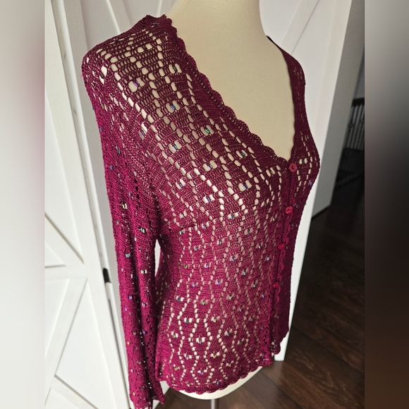 Vintage 90's Nina Piccalino Burgundy Crochet Beaded Long Sleeve Cardigan - Picture 3 of 11